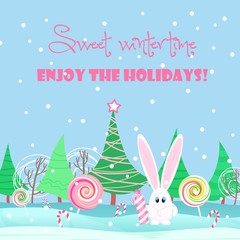 Christmas card background. Rabbit with sweets candy in the christmas tree forest.