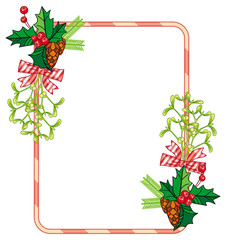 Vertical frame with holly berry, pine cones, bows. Copy space.