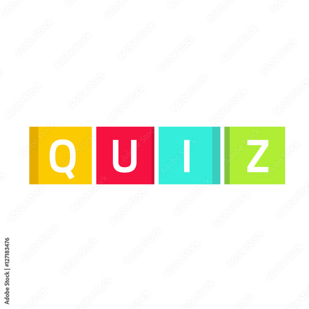 Poster quiz logo vector, questionnaire show icon concept, flat style quiz text on colorful game cubes isola