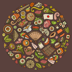 Set of Japan food cartoon doodle objects, symbols and items