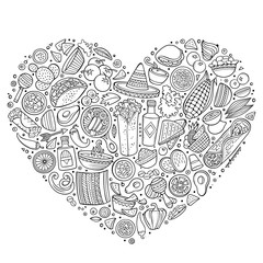 Set of Mexican food cartoon doodle objects