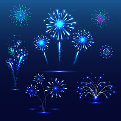 Set of Festive Fireworks on the blue Background. Vector.