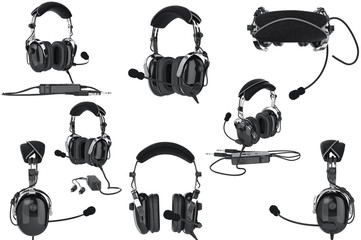 Headphones aviation black glossy aviation set. 3D graphic