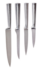 set of four metallic kitchen knifes on white