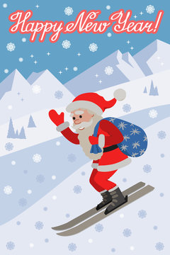 Skiing Santa illustraton on the slope mountain
