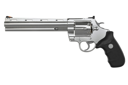 Revolver chrome pistol, side view. 3D graphic