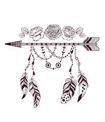 Hand drawn boho style design with rose flower, arrow and feathers.