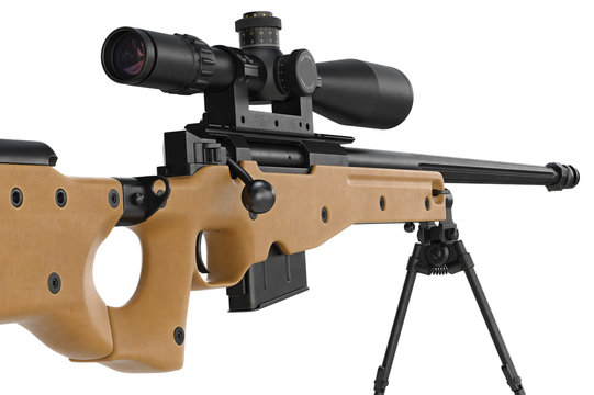 Rifle sniper modern weapon with bipod and scope, close view. 3D graphic