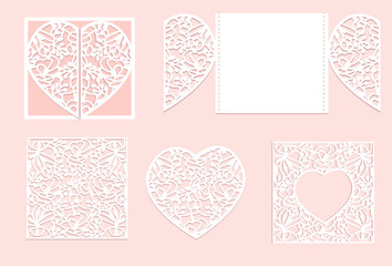Vector heart paper cutting. White heart made of paper. Laser cut vector. Wedding invitation or greeting card with flowers. Invitation envelope template. Use for laser cutting.  Valentine Day - obrazy, fototapety, plakaty