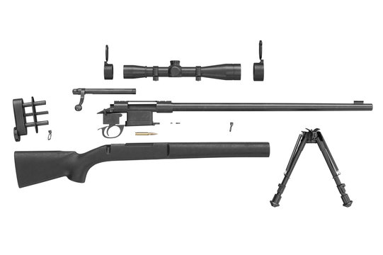 Rifle sniper weapon disassembled, side view. 3D graphic