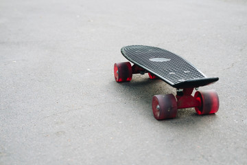 Black plastic skateboard with red wheels on asphalt