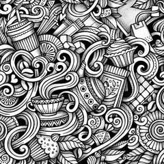 Cartoon hand drawn cafe doodles seamless pattern