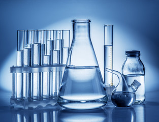 Different laboratory beakers and glassware.