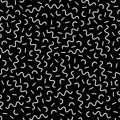 Vector seamless black and white retro memphis pattern with geometric elements. Chaotic trendy geometry in hipster style. Suitable for posters, covers, prints.