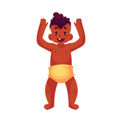 Cute little black baby boy dancing happily, cartoon vector illustrations isolated on white background. Little african boy, kid, child, baby, infant dancing from happiness with raised hands