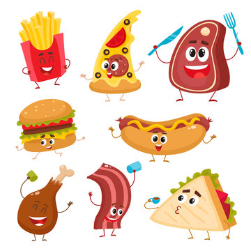 Set of funny fast food characters - pizza, French fries, burger, hot dog, steak, bacon, sandwich and chicken leg, cartoon vector illustration isolated on white background. Funny fast food characters