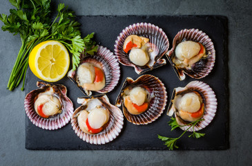 Raw scallops with lemon, cilantro on slate plate, white wine