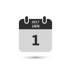 Calendar icon 1 january 2017 year isolated on white background. Calendar in flat style, vector.