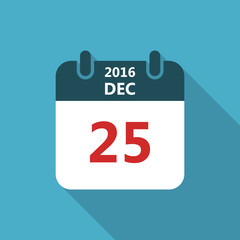 Calendar icon 25 of december 2016 year Christmas with long shadow isolated on blue background. Calendar in flat style, vector.