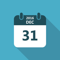 Calendar icon 31 of december 2016 year with long shadow isolated on blue background. Calendar in flat style for new year's eve, vector.
