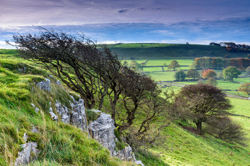 Typical English countryside, close to Buxton, Derbyshire - beautiful green landscape with amazing scenery and blue skies
