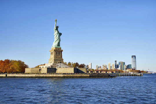 Statue of Liberty on New Jersey background.