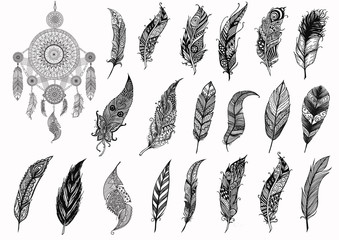 Dream catcher and hand drawn boho feathers for design element and adult coloring book pages - Stock Vector © Somjai King