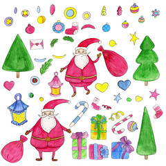 Watercolor hand drawn Christmas set with Santa Claus, frippery, gifts, tree