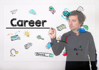 Career concept. Businessman writing with black marker on visual