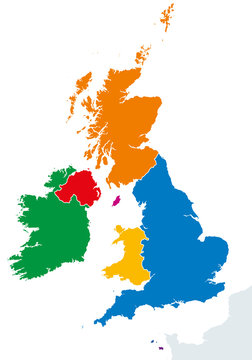 British Isles countries silhouettes map. Ireland and United Kingdom countries England, Scotland, Wales, Northern Ireland, Guernsey, Jersey and Isle of Man in different colors. Vector illustration.