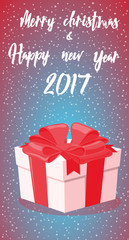 Merry Christmas and Happy New Year 2017 banner. Gift box with big bow on background snowflakes. Concept design poster, flyer, greeting card. Cartoon style. Vector illustration