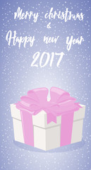 Fototapeta na wymiar Merry Christmas and Happy New Year 2017 banner. Gift box with big bow on background snowflakes. Concept design poster, flyer, greeting card. Cartoon style. Vector illustration