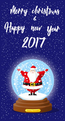 Fototapeta premium Merry Christmas and Happy New Year 2017 banner. Cute glass Snow Globe souvenir. Snowflakes and funny Santa Claus. Cartoon style. Concept poster, flyer, greeting card. Vector illustration