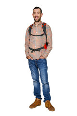 Backpacker man isolated over white background