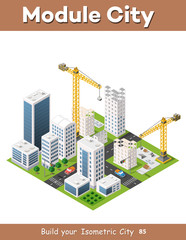 Obraz premium Construction crane heavy industrial industry with skyscrapers, houses, streets. Urban modern quarter of the city. Isometric view of the projection of the landscape
