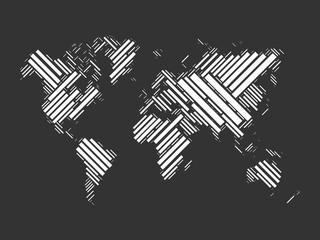 Vector world map mosaic of white blocks on dark grey background.