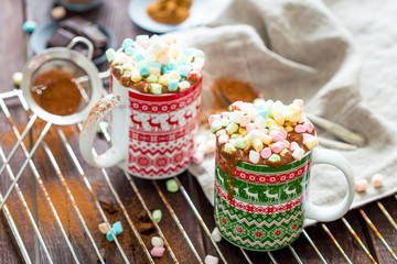 Cocoa with Marshmallows in Two Cups on Dark Wooden Background, Winter Mood