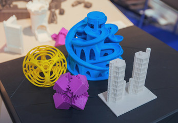 Variety of plastic products manufactured by 3D printing. Technol