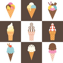 soft serve ice cream, ice cream cone with topping and waffle in various taste and flavour, flat design icon vector