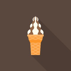 soft serve ice cream icon with chocolate topping and waffle cone, flat design vector