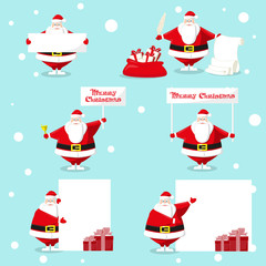 Fototapeta na wymiar Set of different character cute Santa Claus and gifts box, banner, bell, poster. Design elements isolated on blue background for decoration banner, poster, flyer, greeting card. Cartoon style. Vector