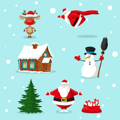 Set of Merry Christmas symbols. Santa Claus, snowman, deer, christmas tree, red bag, gifts box, house. Design elements for decoration banner, poster, flyer, greeting card. Cartoon style vector