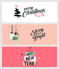 Set of Christmas and New Year social media banners. Hand drawn vector illustrations for website and mobile banners, internet marketing, greeting cards and printed material design.