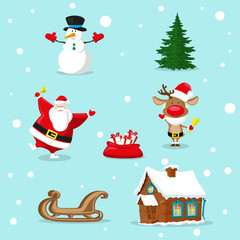 Set of Merry Christmas symbols. Santa Claus, snowman, deer, christmas tree, red bag, gifts box, house, sleigh. Design elements for decoration banner, poster, flyer, greeting card. Cartoon style vector