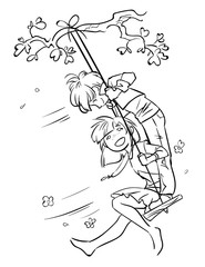 Sketch of little boy and girl on a swing. Cartoon illustration in black isolated on white background. Happy childhood.