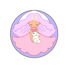 Cute little moon princess girl holding a rabbit. Round colored illustration isolated on white background.