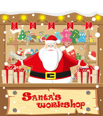 Merry Christmas background. Santa workshop. Cute Santa Claus and gifts, toys, dolls, box and lamp garlands with flags. Concept banner, poster, flyer, greeting card. Cartoon style vector illustration