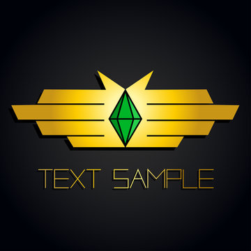 Gold emblem of the hands or wings with green emerald stone on black background. Vector logo