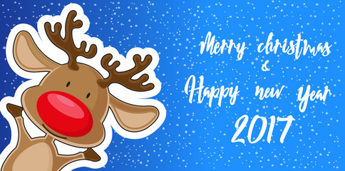 Merry Christmas and Happy New Year 2017 banner. Cute deer on background snowflakes. Hand drawn lettering. Cartoon style. Concept design poster, greeting card or flyer. Vector illustration