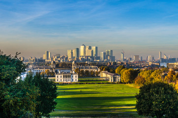 London skyline and Canary Wharf from Greenwich Park in Autumn 